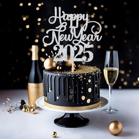 غلاف كعكة Happy New Year 2024، وداعًا 2023 مرحبًا 2024، تشير إلى 2024، لوازم تزيين حفلات رأس السنة الجديدة (جليتر أسود) in Saudi Arabia