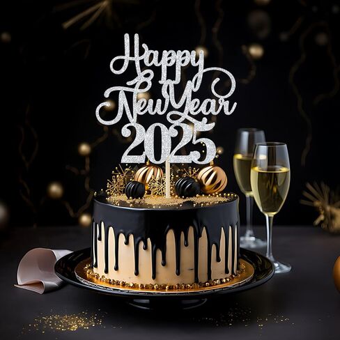 غلاف كعكة Happy New Year 2024، وداعًا 2023 مرحبًا 2024، تشير إلى 2024، لوازم تزيين حفلات رأس السنة الجديدة (جليتر أسود) in Saudi Arabia