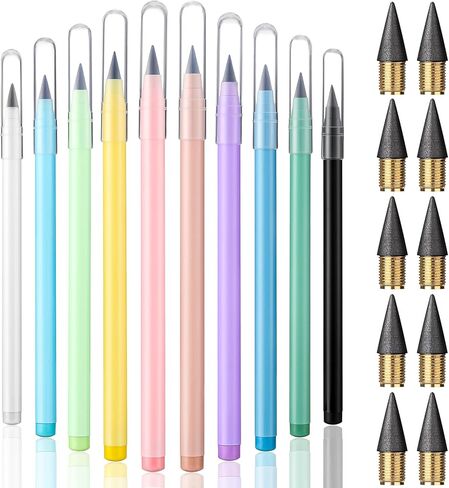 10 قطع قلم رصاص دائم بدون حبر مع ممحاة قلم رصاص قابل لإعادة الاستخدام مع طرف بديل للأطفال للكتابة والرسم والصياغة واللوازم المدرسية للمكتب المنزلي (لون زاهي) in Kuwait