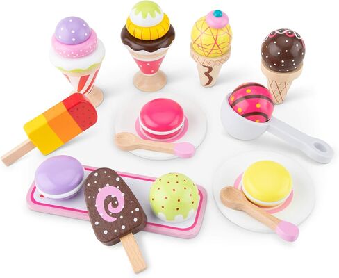 New Classic Toys Wooden Ice Cream Set Pretend Play Toy for Kids Cooking Simulation Educational Toys and Color Perception Toy for Preschool Age Toddlers Boys Girls in Saudi Arabia