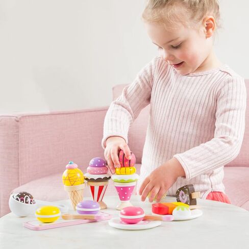 New Classic Toys Wooden Ice Cream Set Pretend Play Toy for Kids Cooking Simulation Educational Toys and Color Perception Toy for Preschool Age Toddlers Boys Girls in Saudi Arabia