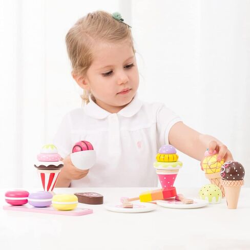 New Classic Toys Wooden Ice Cream Set Pretend Play Toy for Kids Cooking Simulation Educational Toys and Color Perception Toy for Preschool Age Toddlers Boys Girls in Saudi Arabia