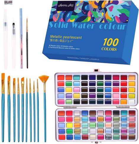 100 Colors Watercolor Paint Set – Complete Travel Painting Kit with 10 Brushes, 3 Water Brush Pens, Drawing Pencil, Natural Sponge & Swatch Sheet – Ideal for Beginners & Artists (100 Color) in Saudi Arabia