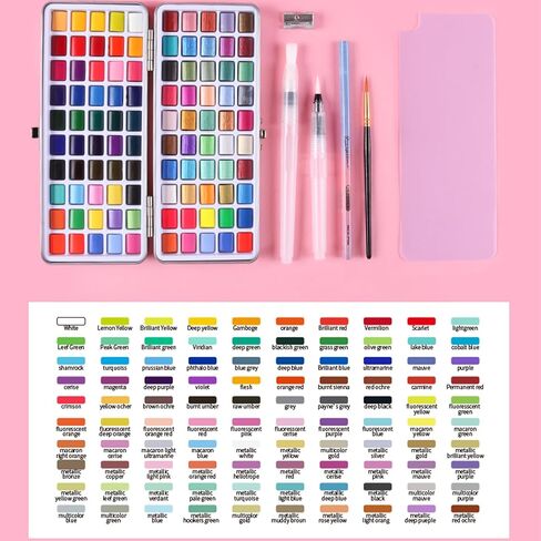 100 Colors Watercolor Paint Set – Complete Travel Painting Kit with 10 Brushes, 3 Water Brush Pens, Drawing Pencil, Natural Sponge & Swatch Sheet – Ideal for Beginners & Artists (100 Color) in Saudi Arabia