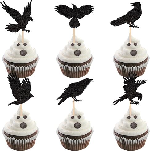 24 PCS Black Crow Cupcake Toppers Glitter Raven Halloween Cupcake Picks for Horror Crow Halloween Theme Birthday Party Cake Decorations Supplies in Saudi Arabia