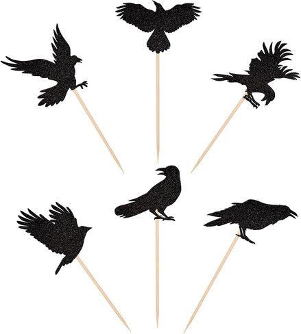 24 PCS Black Crow Cupcake Toppers Glitter Raven Halloween Cupcake Picks for Horror Crow Halloween Theme Birthday Party Cake Decorations Supplies in Saudi Arabia