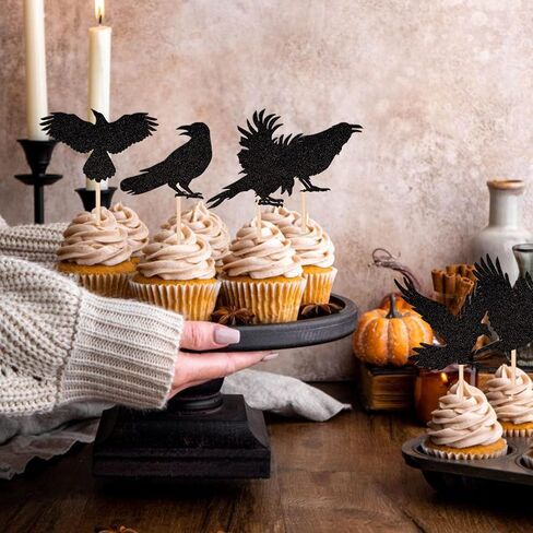 24 PCS Black Crow Cupcake Toppers Glitter Raven Halloween Cupcake Picks for Horror Crow Halloween Theme Birthday Party Cake Decorations Supplies in Saudi Arabia