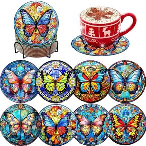 8 Pcs Butterfly Diamond Art Coasters Kit with Holder-Butterfly Diamond Painting Coasters Kit,Diamond Art Kits for Adults Coasters for Dining Table Kitchen