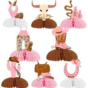 8 Pieces Cowgirl Honeycomb Centerpieces, Pink Wild West Hats Scarf Boots Horseshoes Table Toppers, First Rodeo Western Theme Baby Shower Birthday Bachelorette Party Decorations Supplies