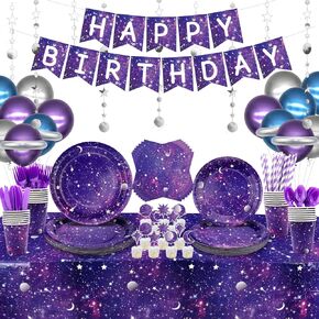 Space Galaxy Party Supplies Tableware Set, Includes Banner, Plates, Cupcake Topper Napkins, Cups,Tablecloth, Balloons, Foil Balloons, for 20 Guests Galaxy Outer Space Theme Birthday Party Decoration