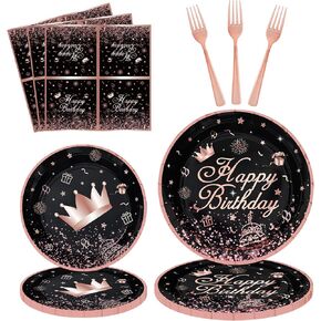 160Pcs Black and Rose Gold Party Decoration Rose Gold & Black Party Supplies Rose Gold and Black Birthday Party Supplies Black Rose Gold Dinnerware Set-Plate, Napkin for Women Girl Birthday decoration