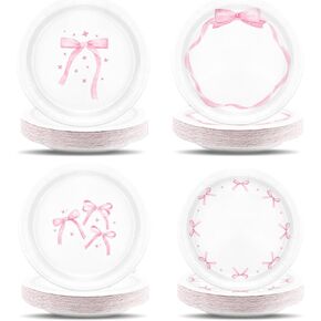 Pink Bow Birthday Party Supplies, 48Pcs Coquette Birthday Decorations Pink Bow Paper Plates, Coquette Theme Tableware Party Supplies for Girl Birthday Baby Shower Bachelorette Bridal