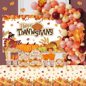 Thanksgiving Party Decorations 308 PCS Fall Birthday Party Supplies Balloon Garland Arch Kit for Autumn Holiday Disposable Dinnerware Set with Maple Leaf Paper Plates Napkin Tablecloth Backdrop