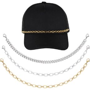 IDesign 3 Pcs Trucket Hat Chains Bill Decoration Rhinestone/Crystal/Pearl Chains for Mesh Baseball Cap Accessories Chain for Party Supplies (Gold/White Metal Chain)