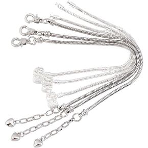SUNNYCLUE 1 Box 6Pcs 2 Styles 3mm Snake Chain Charm Bracelet for Bead Charms Silver Plated European Charm Bracelets with Heart Classic Bead Lobster Claw Clasp Extender Chain for Jewelry Making