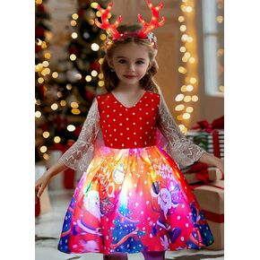 SHINYOU Girls Christmas Printed Red Dress, Long sleeve, Santa' Sleigh Dress With Moose Ear Headband Gift Holiday Dress