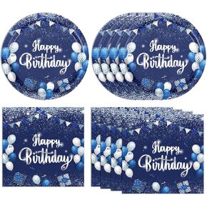 40PCS Happy Birthday Decorations Navy Blue and Silver Themed Disposable Party Favors Including Plates Napkins for Men Boys Women Girls Birthday Anniversary Party Supplies
