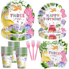 Dinosaur Three Rex Birthday Decorations Tableware Girl - Dinosaur 3rd Birthday Party Supplies, Paper Plate, Cup, Napkin, Fork, Dino Party Decorations For Three-Year-Old Birthday | 24 Guest