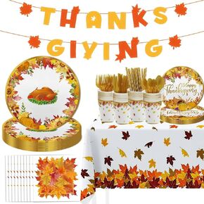 MEHOFOND 194Pcs Happy Thanksgiving Party Supplies, Give Thanks Dinnerware Sets, Thanks Giving Party Banner Autumn Maple Leaves Tablecloth Plates Tableware for Fall Friendsgiving Dinner Party Decor