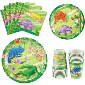 WERNNSAI Reptile Party Tableware Set - 64 PCS Reptile Birthday Party Supplies for Kids Boys Snake Turtle Alligator Dinnerware for Jungle Animal Party Paper Plates Napkins Cups Serves 16 Guests