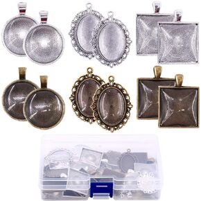 Glarks 72-Pieces Round & Oval & Square Pendant Trays with Glass Cabochon Dome Tiles Clear Cameo for Crafting DIY Jewelry Making