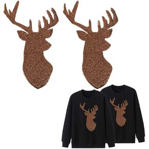 Sequin Deer Patches Christmas Iron On Appliques 2 PCS Gold Reindeer Xmas Elk Head Sew On Fabric Embroidery Sticker DIY Decoration for Tops, Christmas Costume, Pajamas, Jackets, Coats