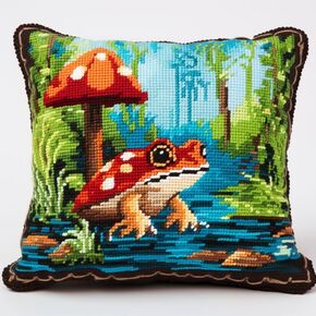 Latch Hook Pillow Kits Cover for Frog & Mushroom DIY Cushion Cross Stitch Latch Hook Pillowcase Rug Kits with Preprinted Canvas Crochet Yarn Kits Needlework Crafts 17'' X 17''(63)