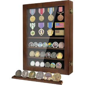 Challenge Coin Holder Display Case with Velcro Lining, 6 Rows Coin Holder Display Shadow Box with HD Tempered Glass Door Wall Mounted, Coin Rack Display Military with Removable Shelves, Walnut