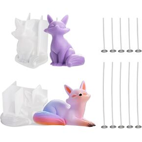 2Pcs Fox Candle Molds with 10 Pcs Candle Wicks, DIY Animal Silicone Molds, Fox Shape Clay Molds for Modeling Clay, Plaster Crafts, Candle Making, Resin Casting, Home Desktop Decoration