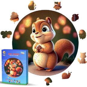 Wooden Puzzles for Kids Ages 4-8 - 50 Piece Puzzles for Kids - Animal Shaped Kids Puzzles - Round Wooden Jigsaw Puzzles - Christmas & Birthday Gift Idea (Baby Squirrel)
