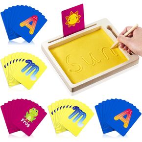 Montessori Sand Tray Wooden Sand Trays for Classroom Wood Sand Writing Tray Box with Cards Pen Sand for Kids Writing Letters Tracing Numbers Drawing, Educational Toys Gifts for Preschool