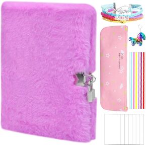 Hicdaw 11Pcs Plush Diary with Lock, Journal Set with Notebook Pencil Case Keychain Bracelet and Photo Stickers for Girls Kids Writing and Drawing