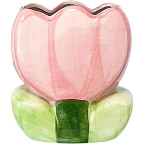 1 PC Ceramic Tulip Make up Brush Holder Flower Toothbrush Holder Cosmetic Storage Box Pen and Pencil Holder Desktop Organizers (Pink)