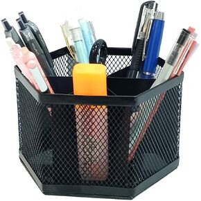 SETTFRFE Hexagon Pen Organizer for Desk,6 Compartments Mesh Pen Pencil Holder,Desktop Pen Caddy Organizer,Black. (Non-rotatable Pen Holder)