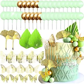JeVenis Sage Green Rose Cake Decoration Balls Cake Decoration Gold Palm Leaves Cake Decoration Bohemian Cake Decoration Boho Cake Decoration White Gold Ball Cake Decoration Boho Party Supplies