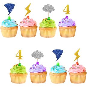 24pcs Fournado Cupcake Toppers, Tornado 4th Birthday Cupcake Toppers, Colorful Glitter Lightning Cupcake Picks for Boys, Weather Themed 4th Anniversary Party Supplies