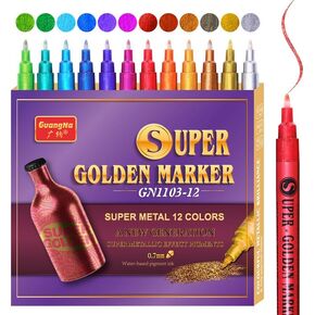 Guangna Metallic Paint Markers, 12 Extra Fine Tip Colors, Ideal for Rock Painting, Black Paper, Scrapbooking, Glass, Wood, Fabric, Card Making, Graduation, and Festival Crafts