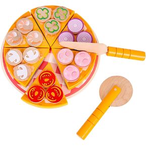 Wooden Pizza Toy for Kids, Toddler Play Food Pizza Cutting Set, Pretend Play Food with Toppings Cutter and Spatula Kitchen Accessories Montessori Toys Gifts for Boys Girls Ages 3 4 5 6 Years Old