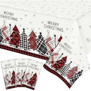 4PCS Christmas Plastic Tablecloths Disposable Xmas Tree Rectangle Table Cover Buffalo Plaid Christmas Tree Tablecloth for Christmas Holiday Winter Kitchen Home Xmas Party Decor, 51 x 87 Inches