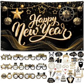 KatchOn, New Years Eve Party Supplies 2025 - Pack of 48 | No DIY, 72x44 Inch, Happy New Year Banner | Happy New Year Photo Booth Props Set and New Year Eyeglasses | Happy New Year Decorations 2025