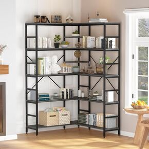5 Tier Corner Bookshelf, Industrial Bookshelves, L Shape Tall Bookcase with Storage with Heavy Duty Metal Frame for Bedroom Living Room Home Office