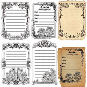 CRASPIRE ATC Frame Clear Stamps Flower Leaves Rubber Stamp Floral Background Vintage Reusable Transparent Silicone Decorative Seals for Card Making DIY Scrapbooking Album Photo Decor
