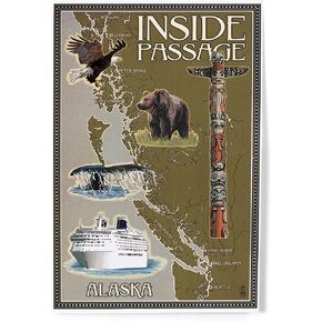 Lantern Press 8x12 Inch Art Print Wall Decor, Alaska's Inside Passage Map