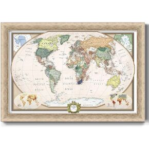 Renditions Gallery Colorful World Map Canvas Wall Art with Champagne Gold Frame Wall Hanging Travel Map with Push Pins for Home, Office, Classroom