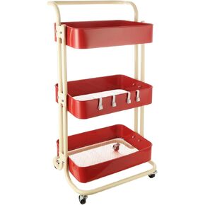 3 Tier Metal Rolling Cart Rolling Storage Carts with Handle, Utility Rolling Cart Organizer with Wheels & Hooks for Bathroom, Kitchen, Laundry, Office, Red