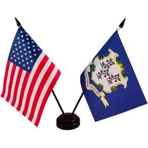 America & Connecticut Twin Desk Flag, US Connecticut Table Flags, 8 x 5 Inches American & Connecticut Deluxe Desk Flag Set - Miniature USA & Connecticut Stick Flag with Flag Stand