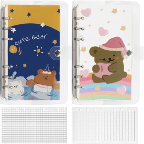 2 Pcs A6 Binder Notebook,Cartoon Bear 6 Ring Loose Leaf Small Diary Journal Planning Notepad Pocket Notebook with Transparent PVC Cover Gift for Kid Christmas Birthday Office School Supplies