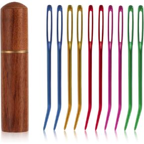 10pcs Large Eye Sewing Needles Kit, Bent Tip Yarn Needles Hand Knitting Needles Sharp Tapestry Needles Big Eye Embroidery Needles with Wood Needle Case for Crochet/Yarn/Darning Projects