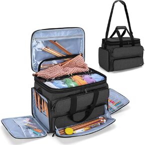 YARWO Knitting Yarn Bag, Portable Crochet Storage Tote with Double Top Cover and Yarn Holes for Knitting Needles(Up to 14"), Unfinished Projects and Skeins of Yarn, Purple