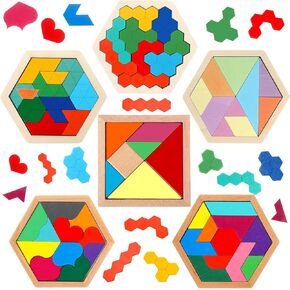 Jerify 6 Pack Wooden Hexagon Puzzle Shape Russian Blocks Tangram Puzzle Brain Teaser Puzzles Geometric Jigsaw Block 3D Logic Iq Stem Toy Educational Gift for All Ages Kids Boys Girls Adults Challenge